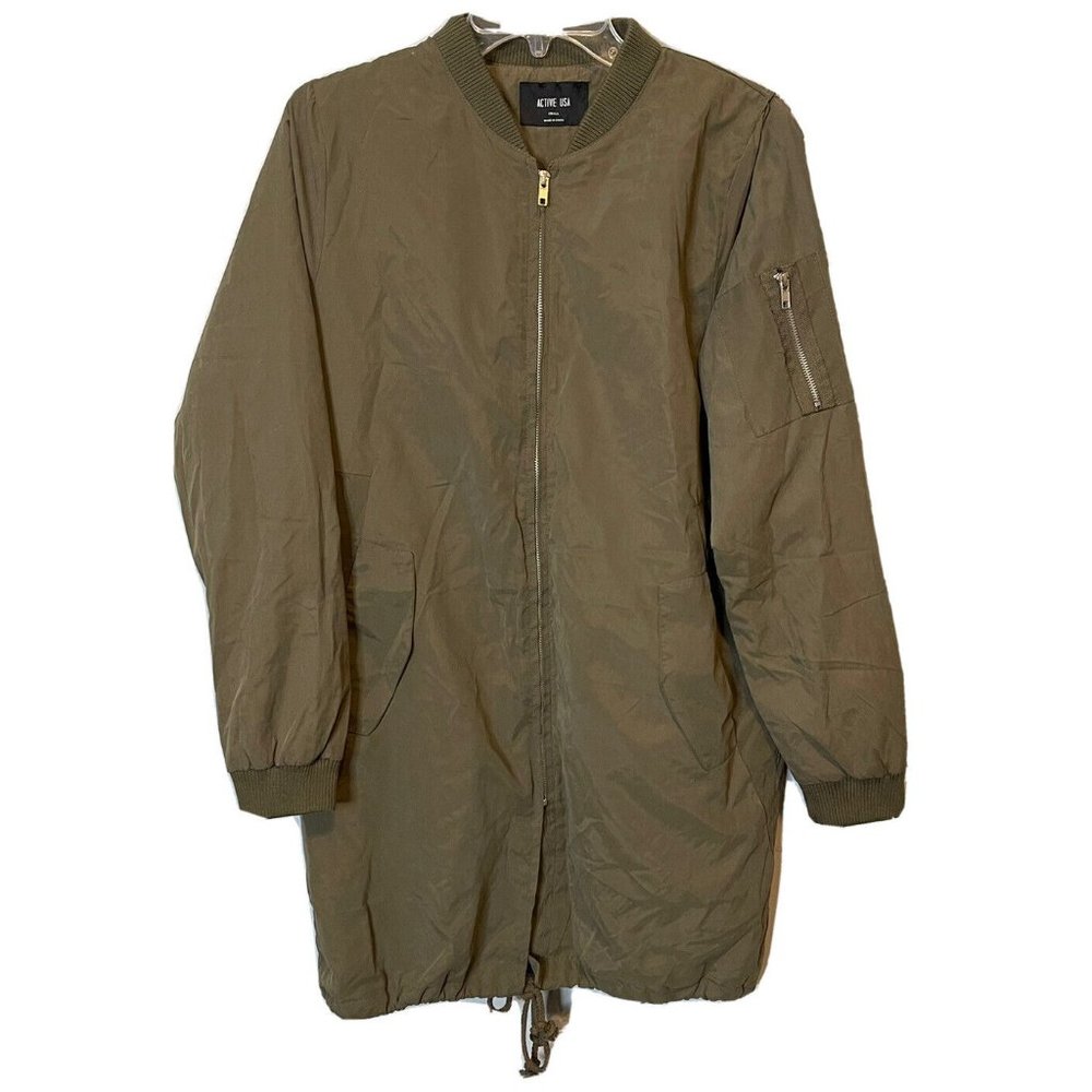 active usa jacket size small olive green utility long drawstring hem Full Zip